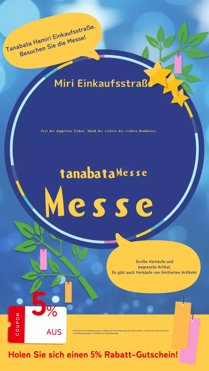 Blaue und marineblaue glitzernde Tanabata-Streifen in Geschäften Ankündigung eines Aufrufs zur Anbringung von Tanabata-Streifen in Geschäften