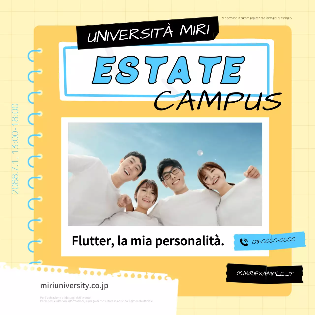 Promozione di un evento universitario open campus di tendenza in giallo e azzurro.