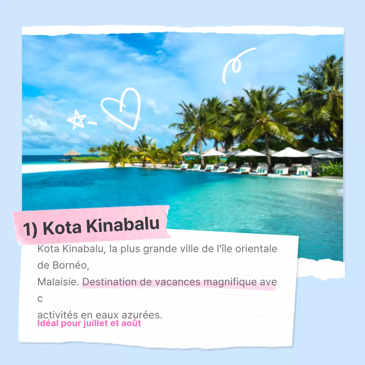Une publicité simple pour une destination estivale à l'étranger en bleu clair et en rose