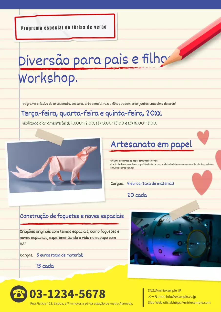 Apresentação de um simples especial de férias de verão em bege e azul, com workshops para pais e filhos