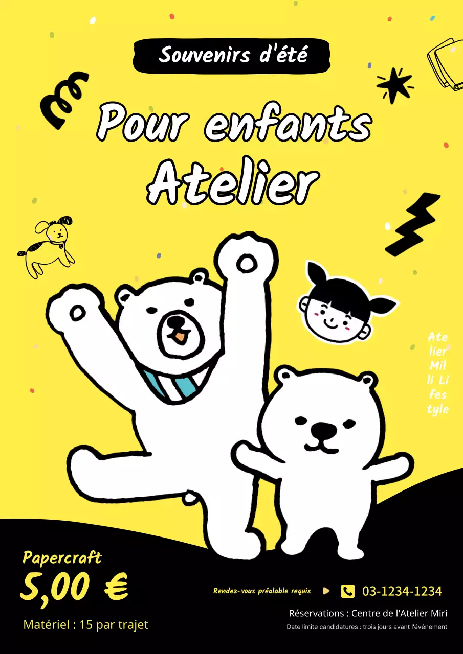 Promouvoir un adorable atelier pour enfants pendant les vacances d'été en jaune, noir et blanc