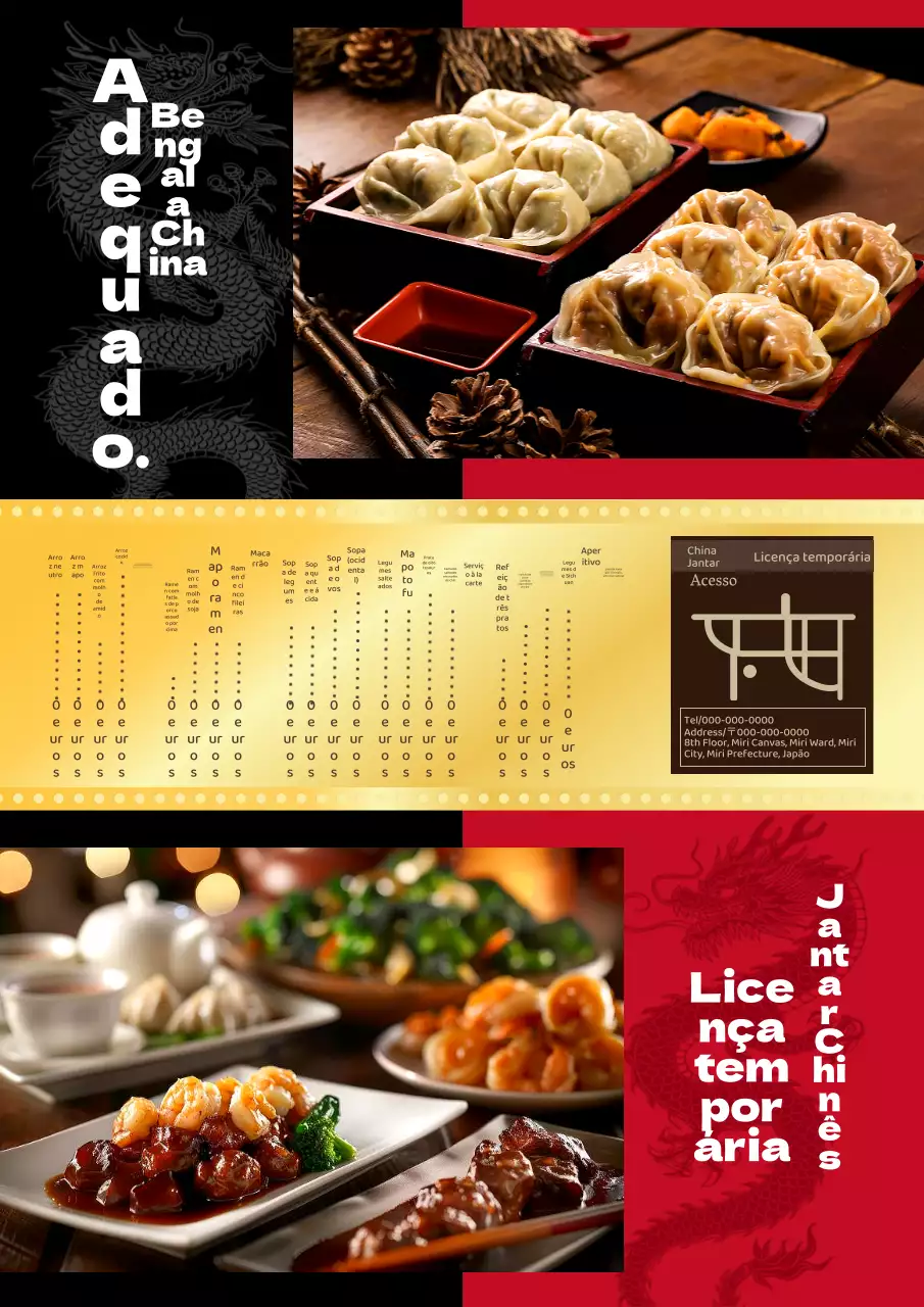 Anúncio de ementa de um restaurante chinês com uma ilustração de um dragão preto, vermelho e dourado