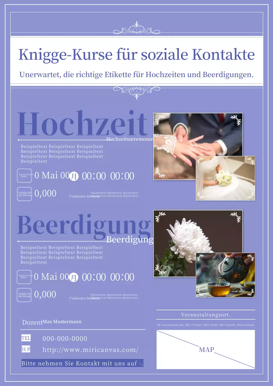 Klassische und saubere Umgangsformen Kursanzeige in mauve und lavendel