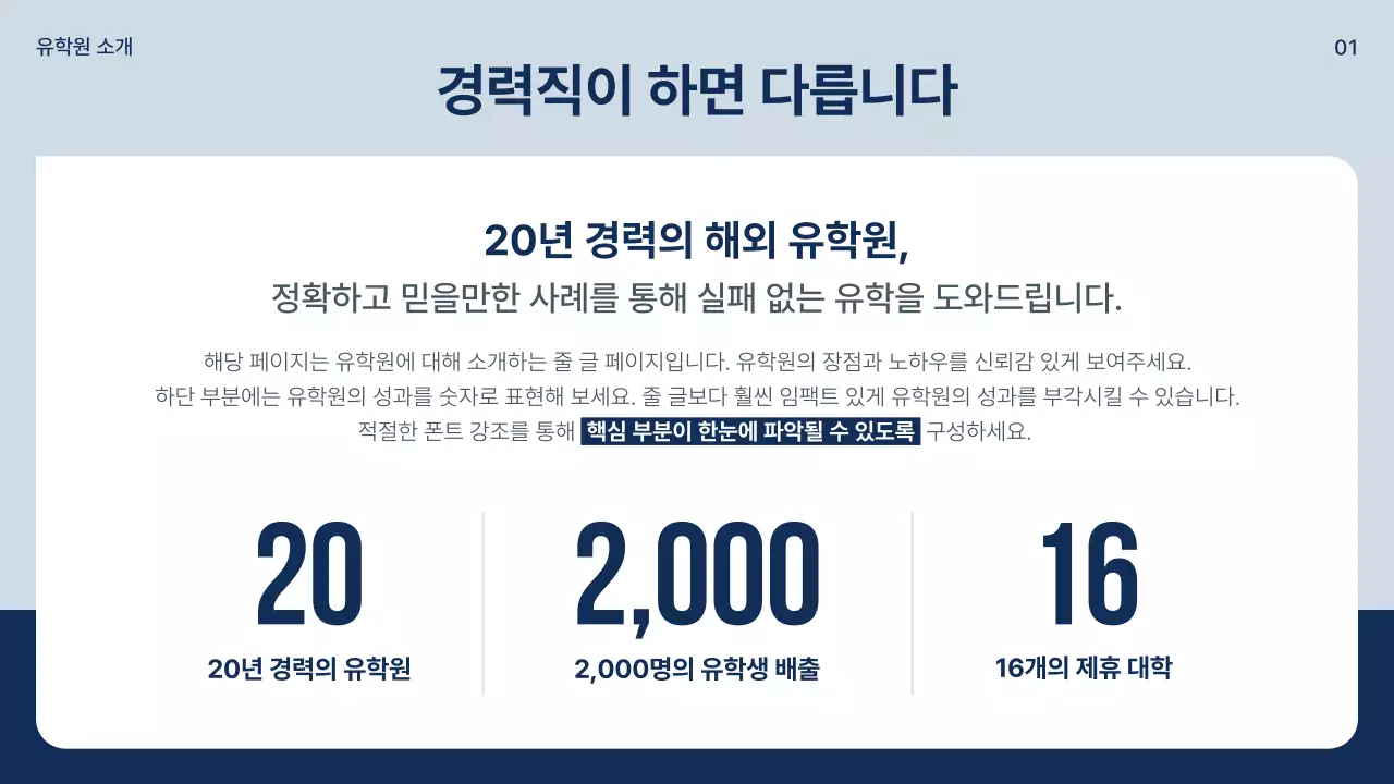 남색과 회색의 심플한 유학원 소개서