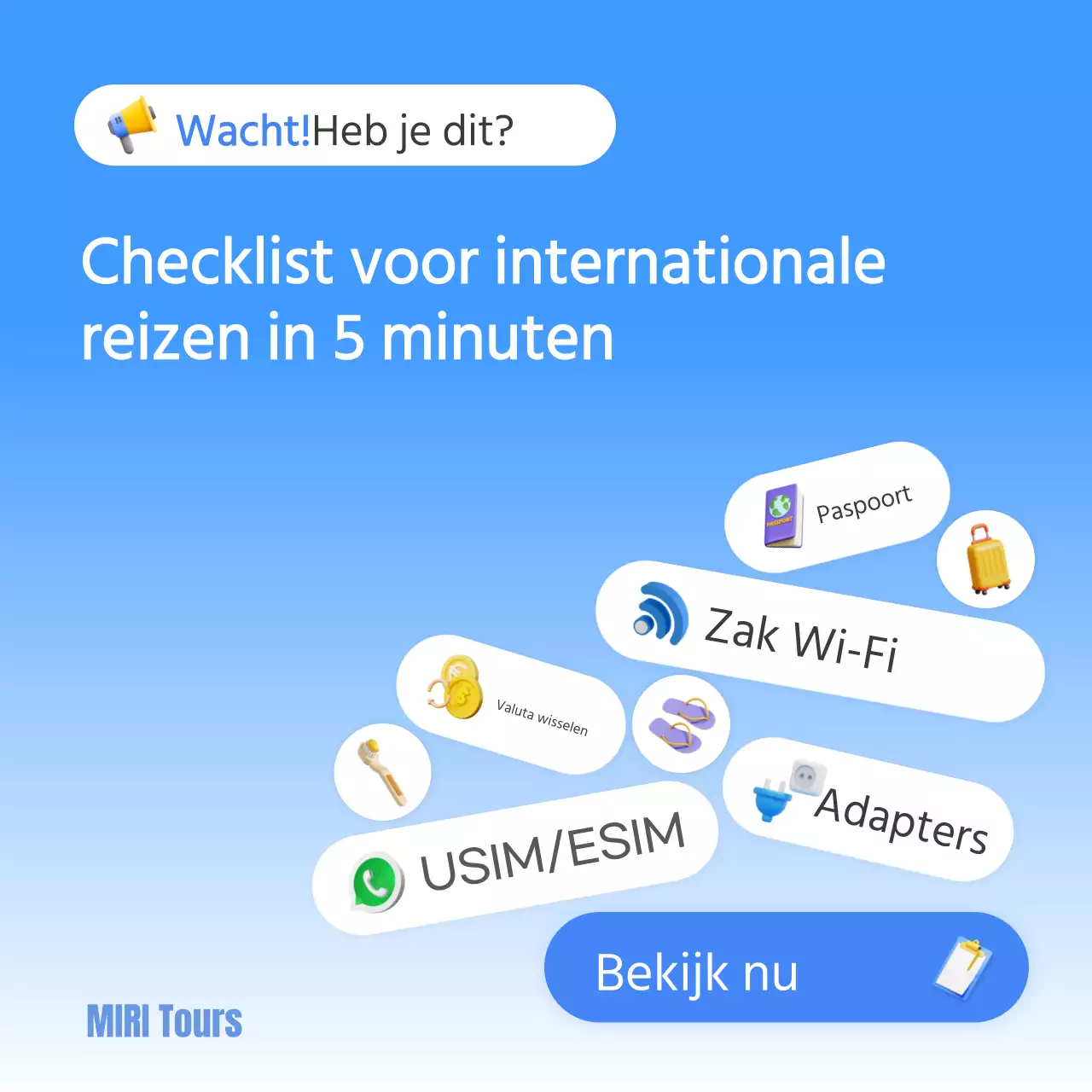 Een on-trend blauwe en witte paklijst voor reizen naar het buitenland