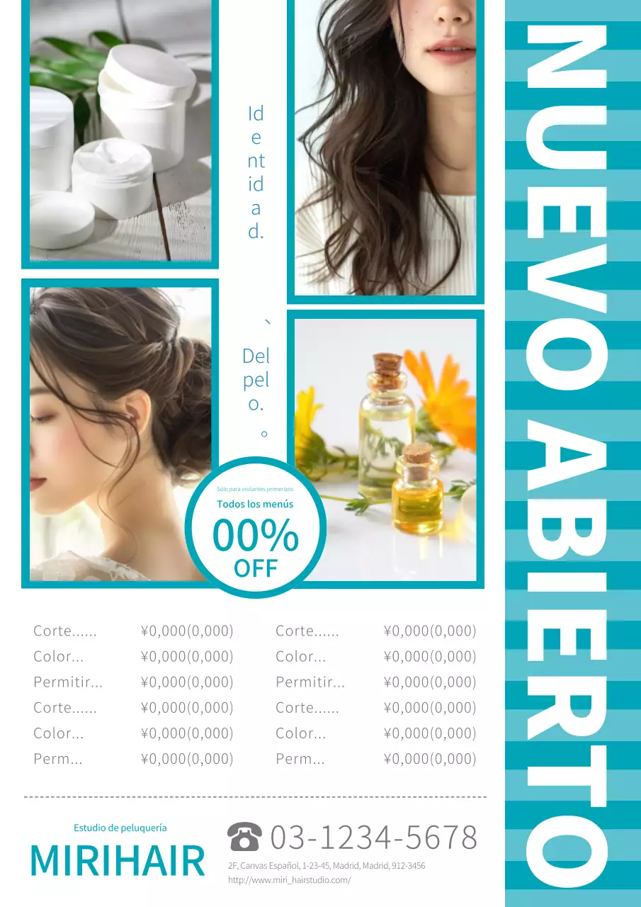 Moderno y elegante anuncio de peluquería en azul y blanco