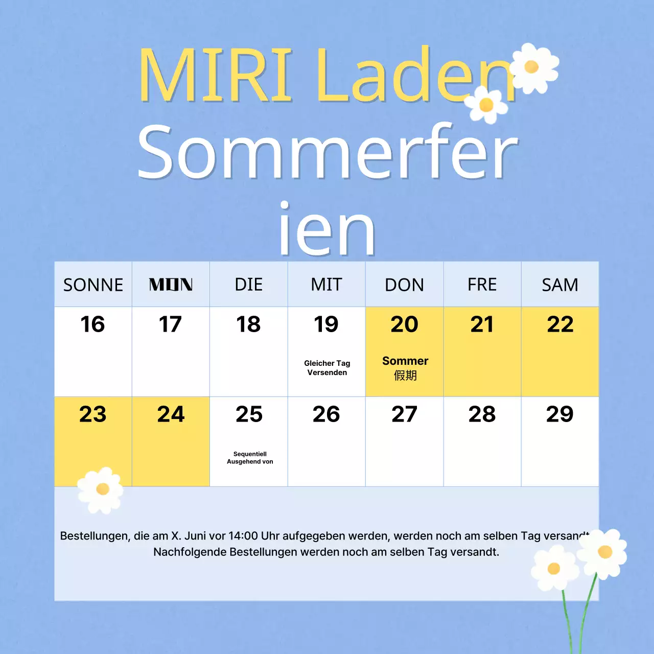 Sommerferien-Ankündigungen in Hellblau und Gelb