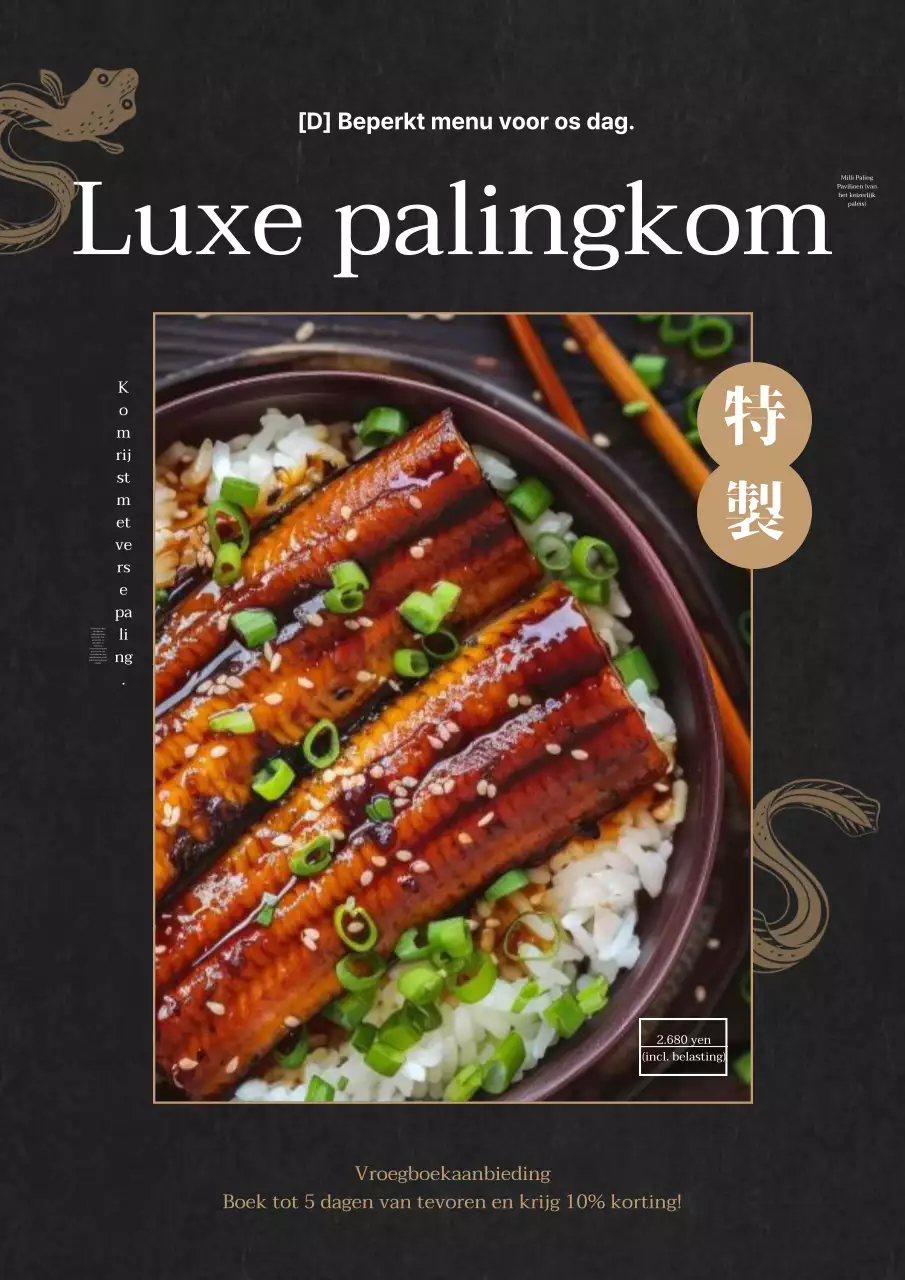 Promotie van een prachtige zwarte en bruine zomerse palingschotel.