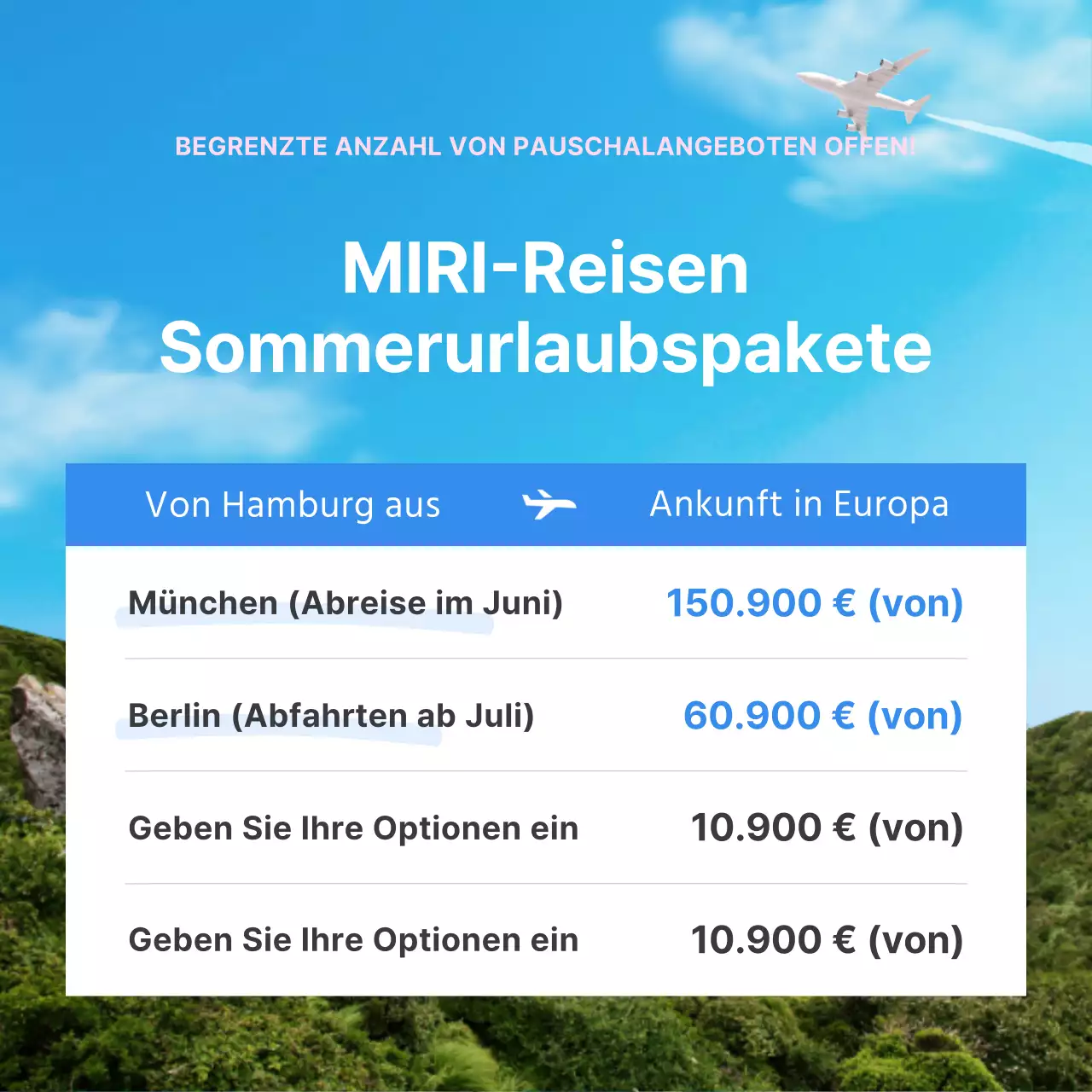 Eine einfache Sommerreisezielanzeige in Hellblau und Rosa