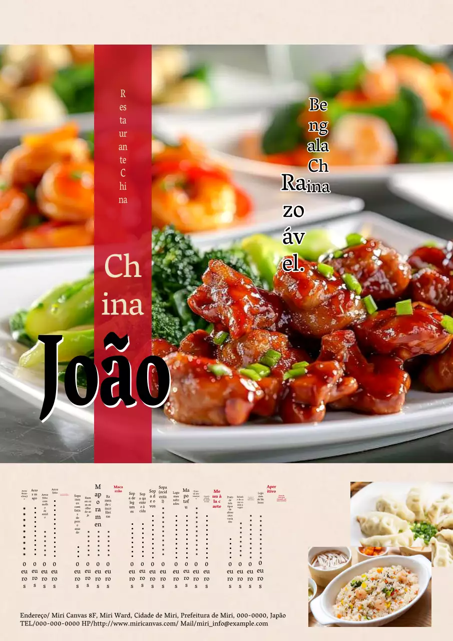 Anúncio simples e tradicional do menu de um restaurante chinês em bege e vermelho