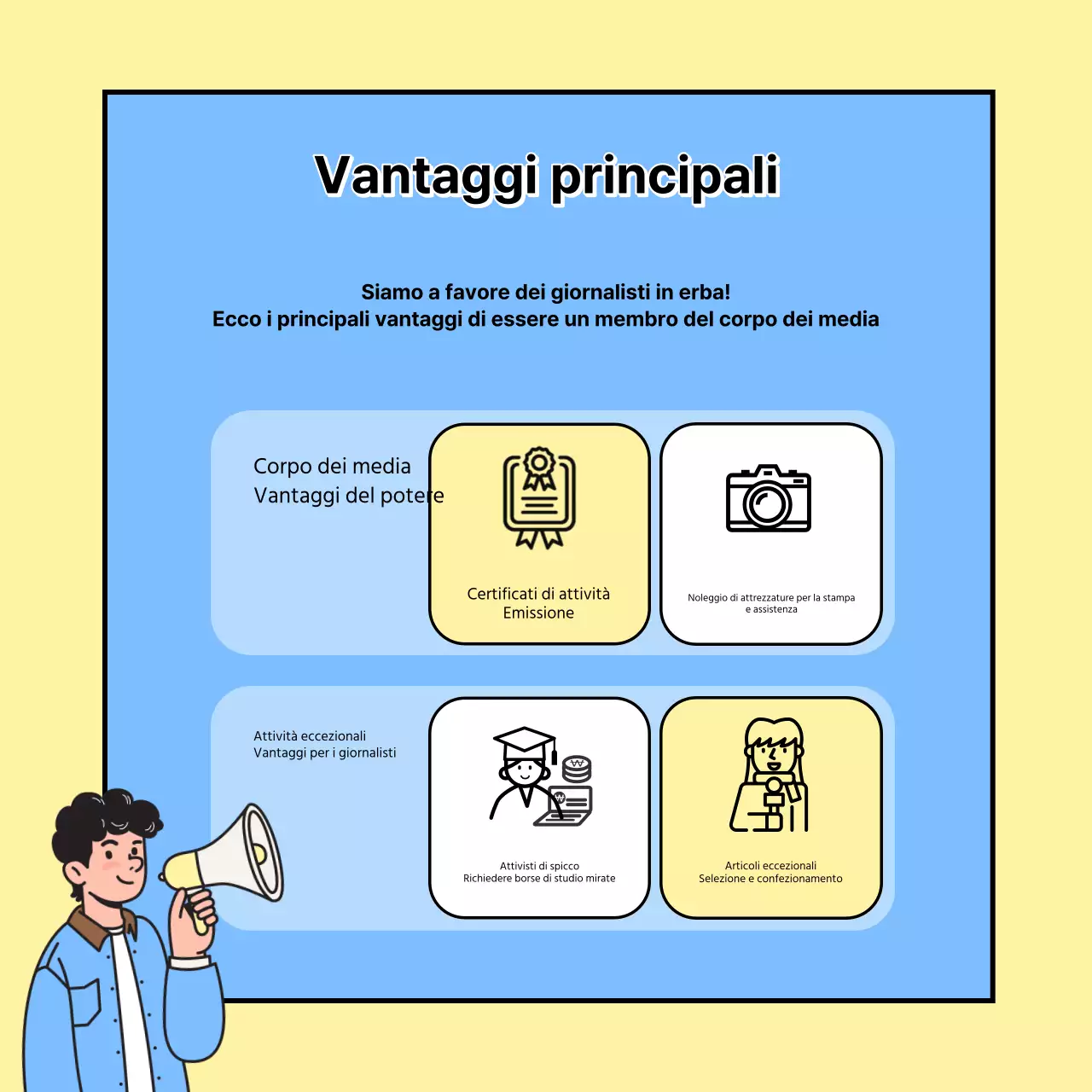 Promuovere il reclutamento di una squadra di giornalismo universitario giallo e azzurro