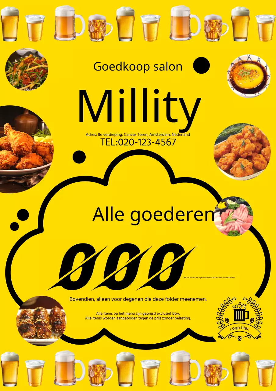 Eenvoudige, gele, advertentie voor publieksevenement in bar