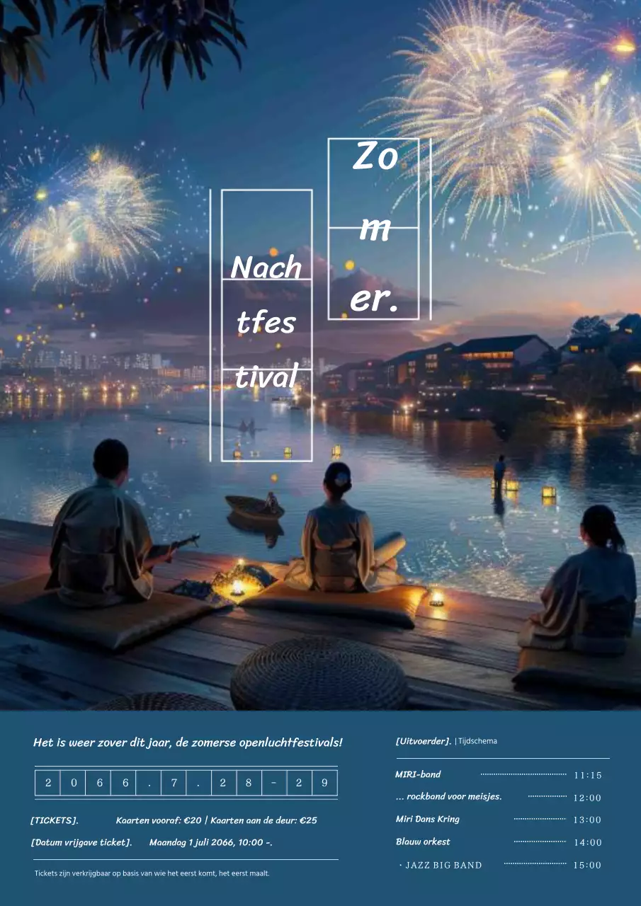 Publiciteit voor een eenvoudig indigo en wit muziekfestival in de zomer.