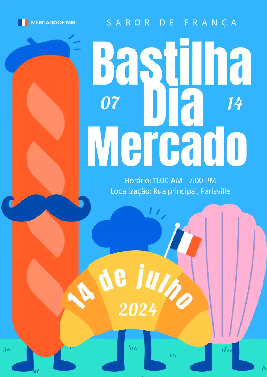 Promover um evento de mercado kitsch do Dia da Revolução em azul e vermelho