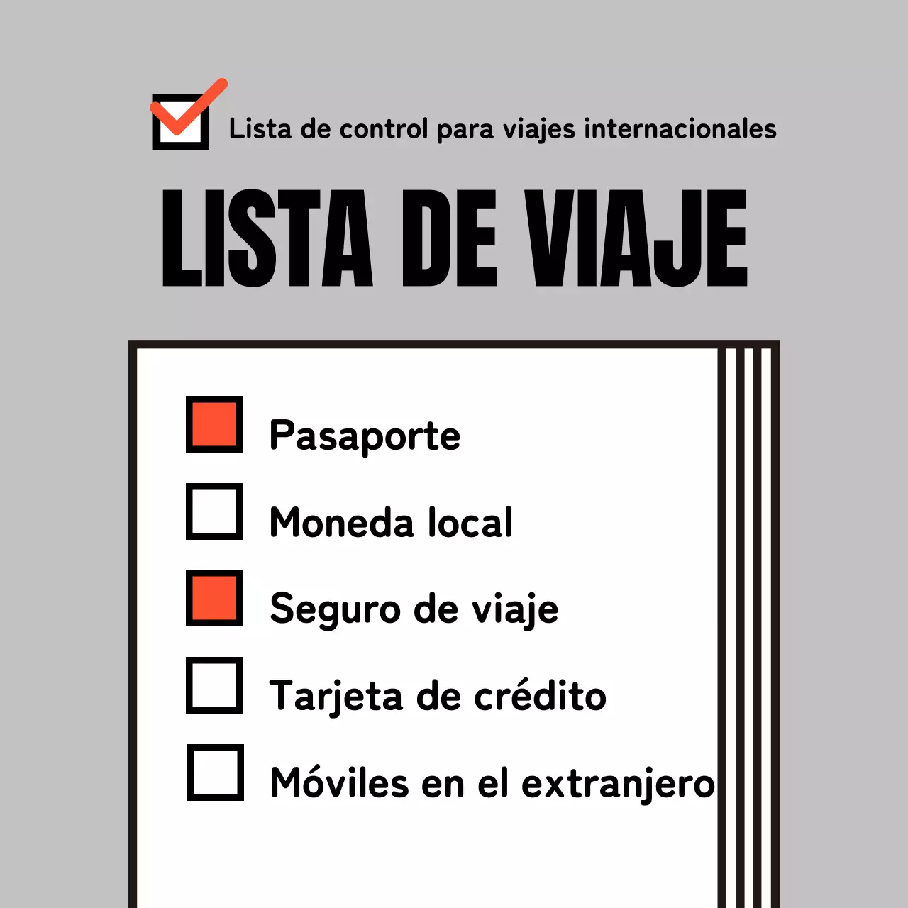 Una sencilla guía gris y naranja de listas de control para viajes internacionales