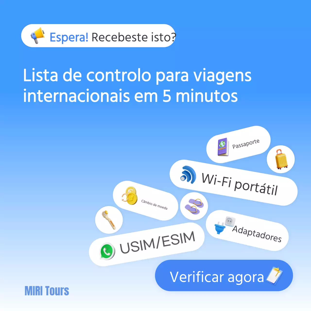 Uma lista de verificação de malas em azul e branco para viajar para o estrangeiro