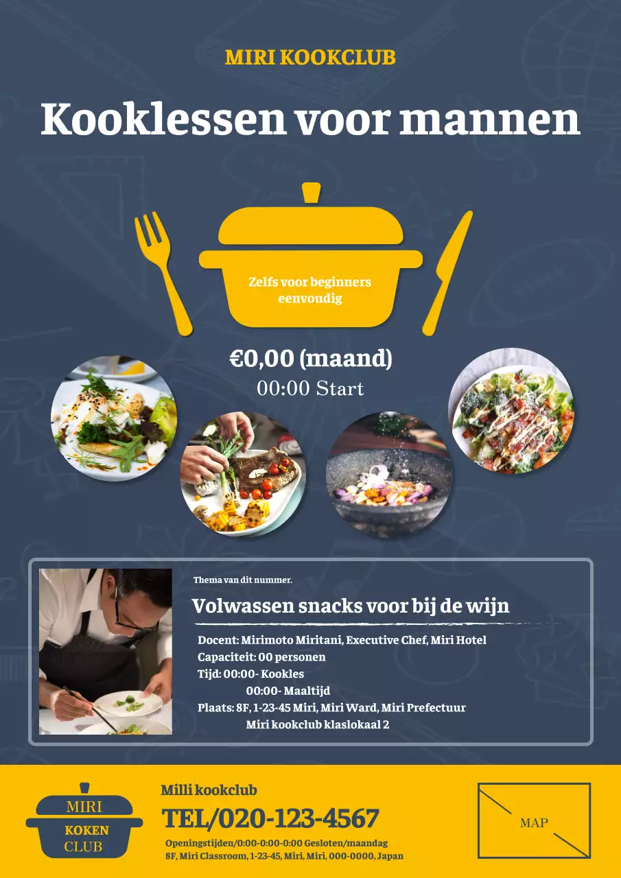 Moderne en eenvoudige mannenreclame voor kookles in marineblauw en geel