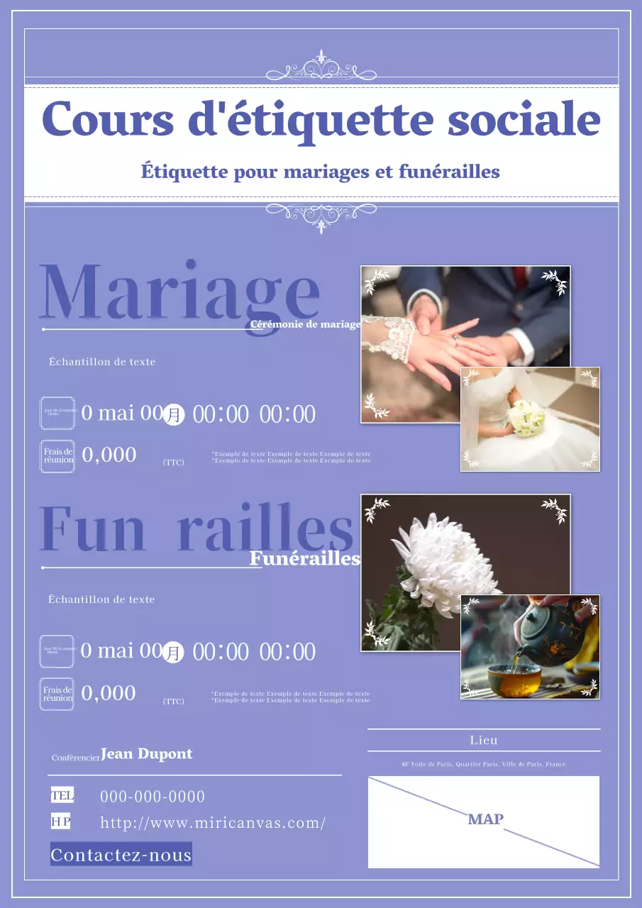 Annonce de cours de bonnes manières classiques et propres en mauve et lavande