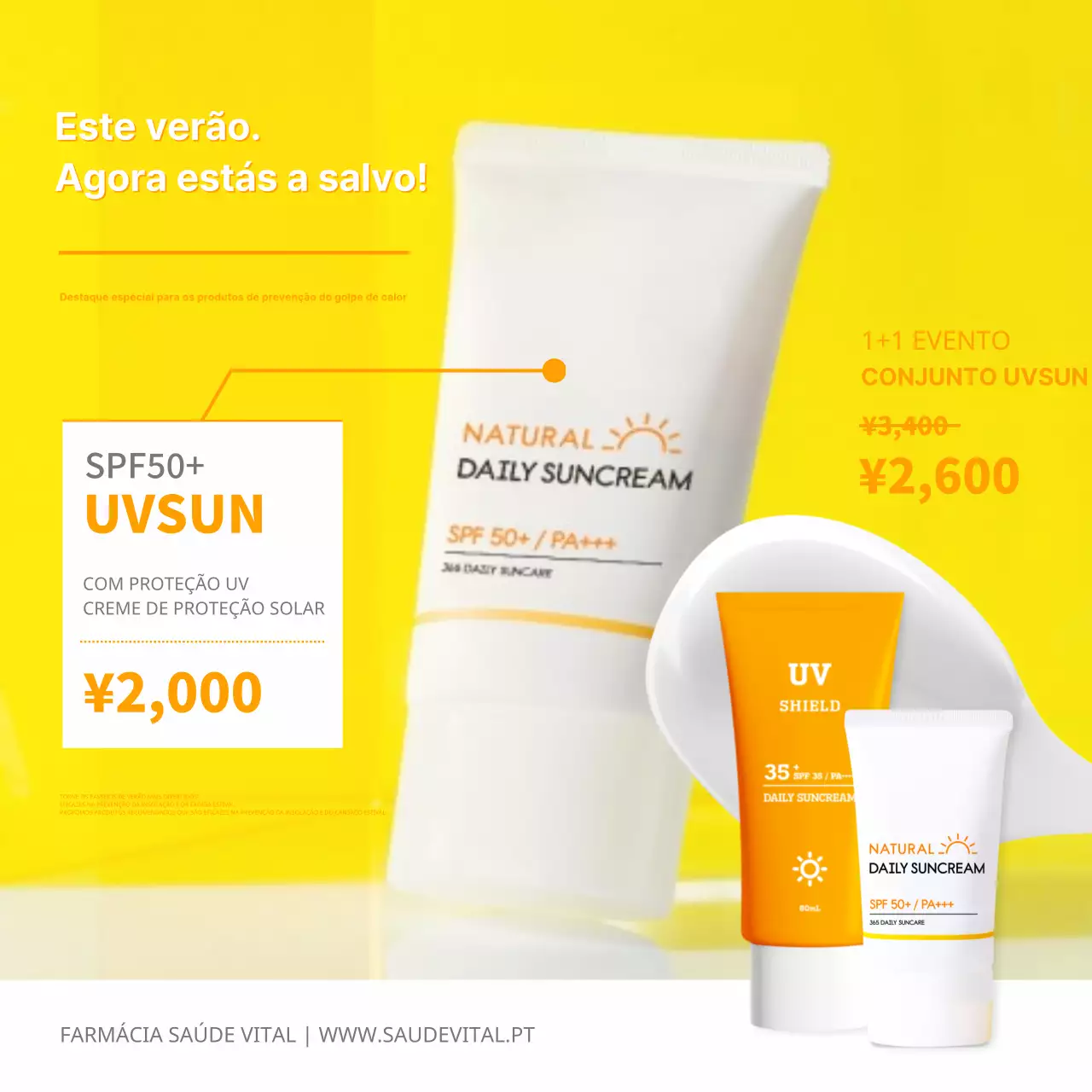 Anúncios simples de verão, amarelos e brancos, de descontos em protectores solares.