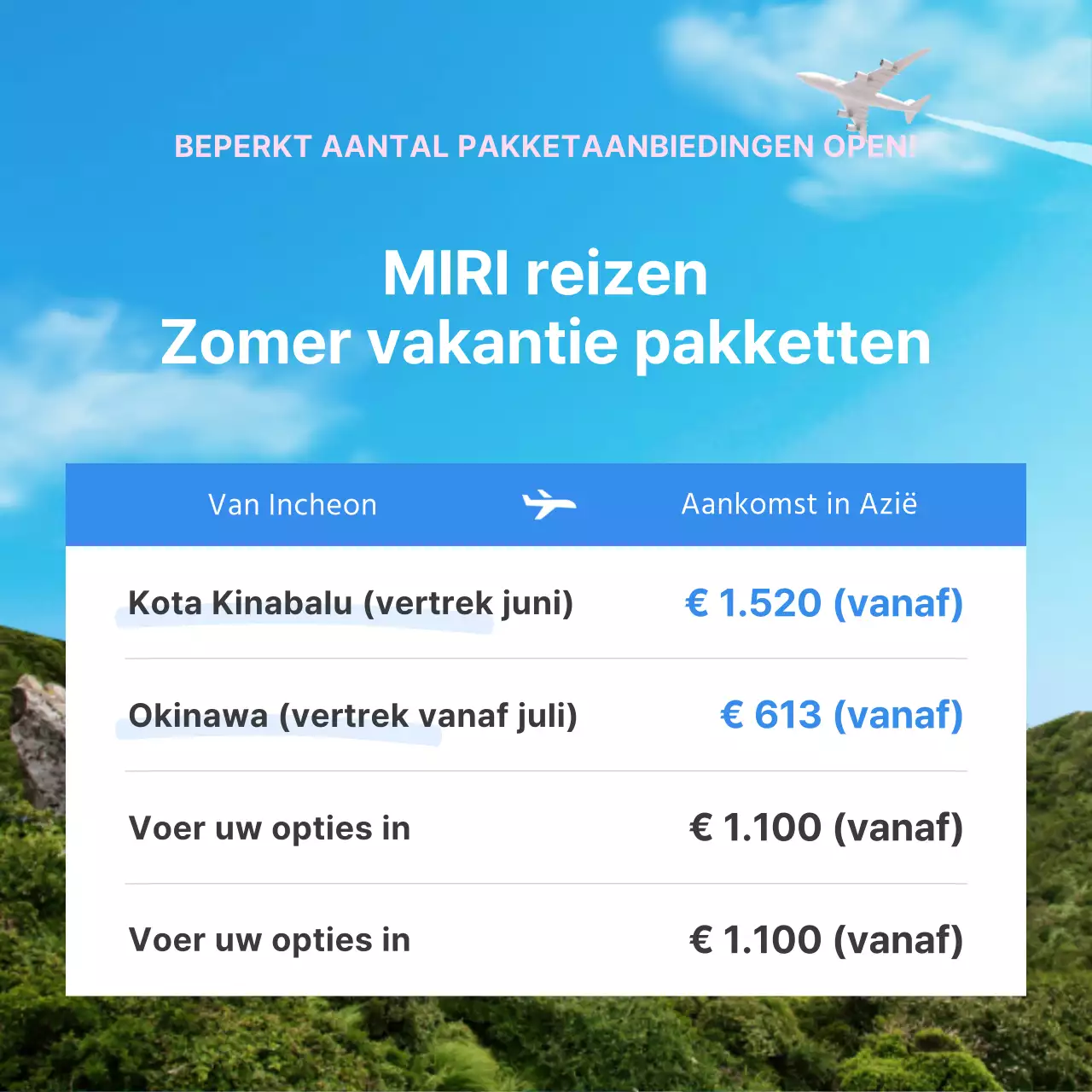 Een eenvoudige zomerse overzeese bestemmingsadvertentie in lichtblauw en roze