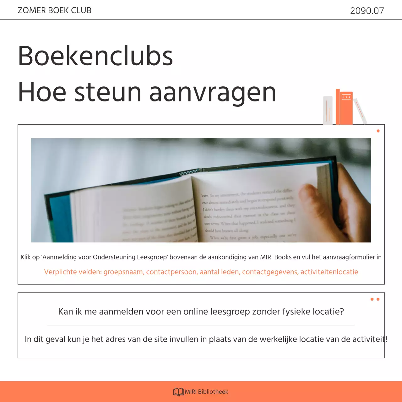 Een kitscherig oranje en wit boekenclubprogramma voor de bibliotheek promoten
