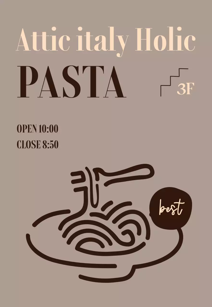 Desain papan nama dengan ilustrasi menu pasta gaya barat modern yang atmosferik