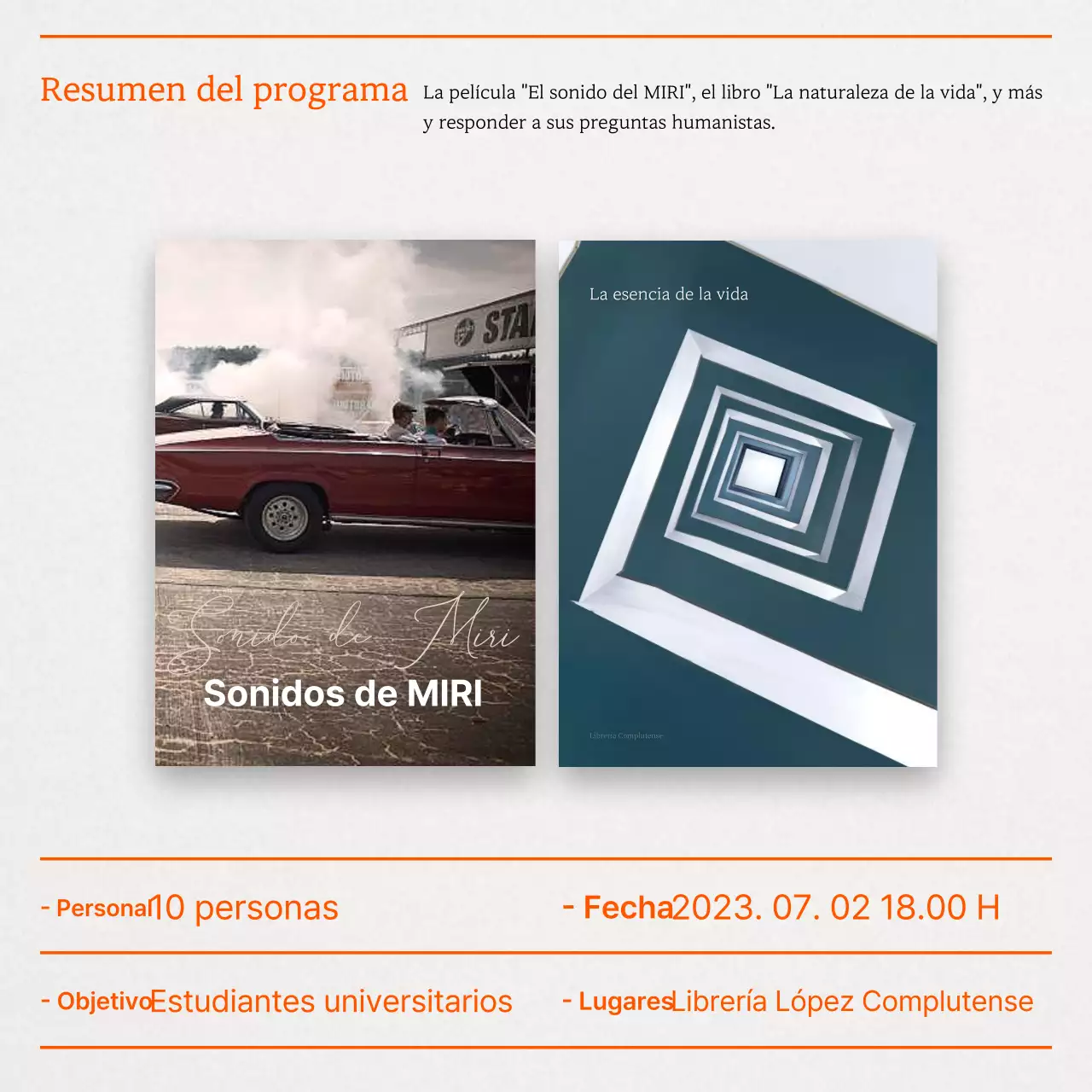 Un simple anuncio naranja para una conferencia sobre humanidades para jóvenes.