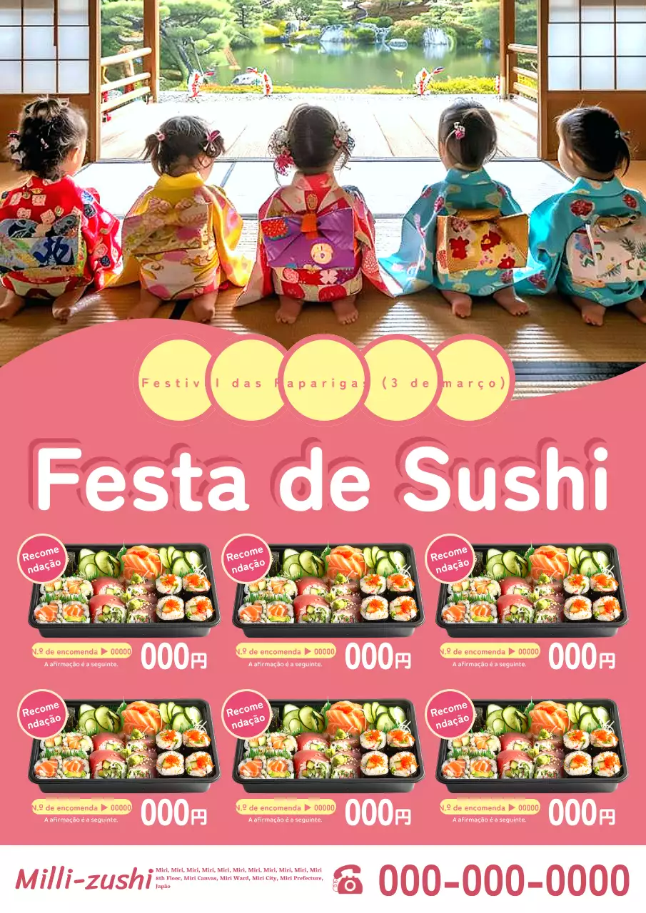Anúncio de um bonito menu bento de festa de sushi cor-de-rosa para o Hinamatsuri.