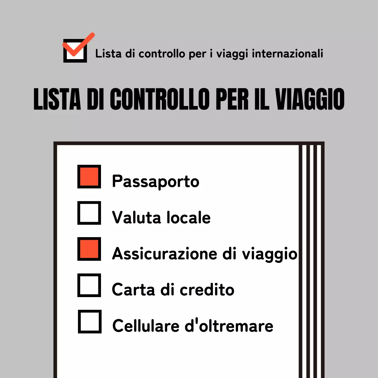 Una semplice guida grigia e arancione alle liste di controllo per i viaggi internazionali
