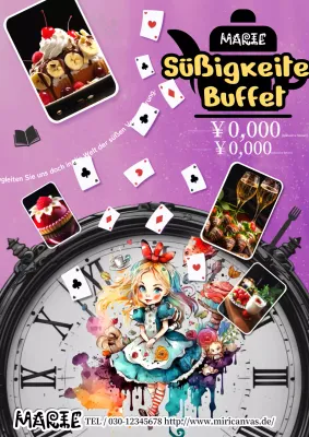 Eine einfache, farbenfrohe Buffetpreisanzeige mit einer Illustration von Alice im Wunderland.