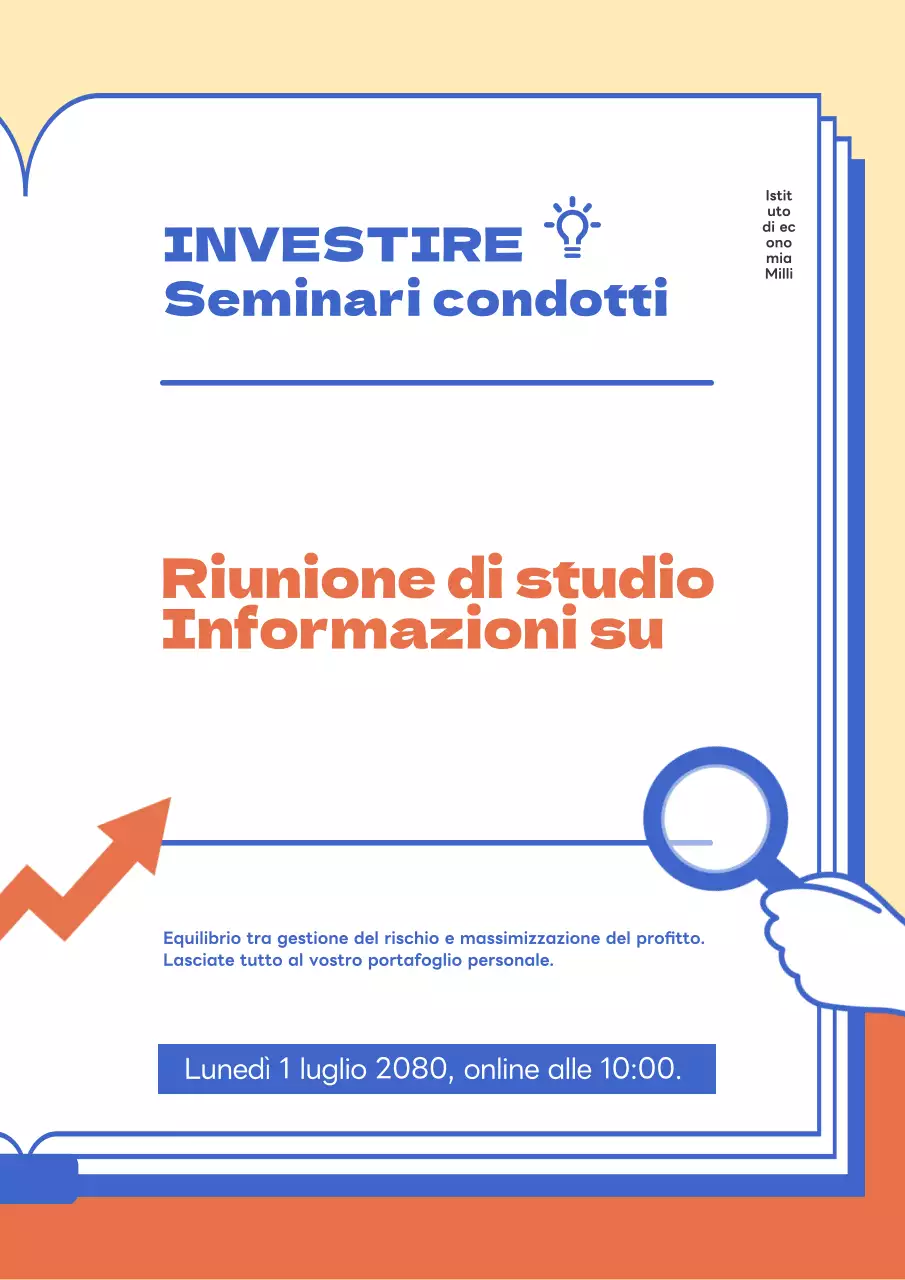 Volantino del seminario sul portafoglio di investimento con evidenziazioni in blu e arancione