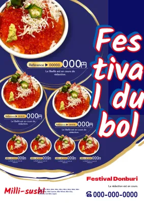 Publicité simple et cool pour le menu du festival Donburi en bleu