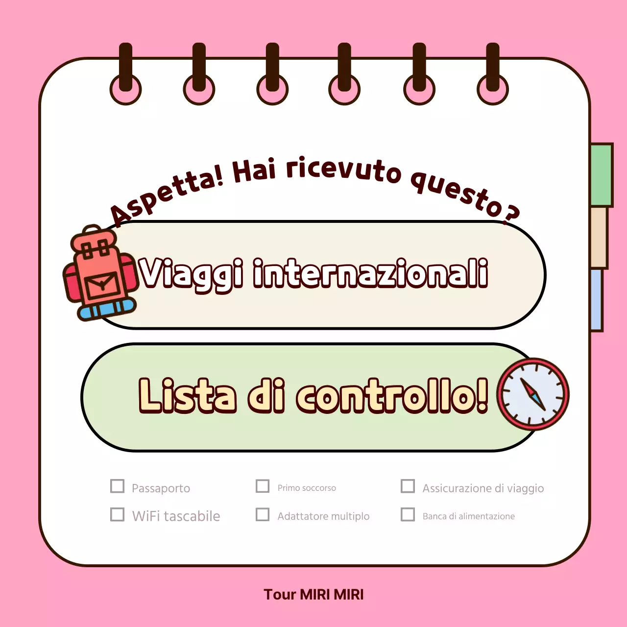 Simpatica copertina rosa e gialla per la lista di controllo per i viaggi internazionali