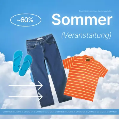 Werbung für Sommerveranstaltungen in einem Einkaufszentrum für Naturkleidung in Hellblau und Weiß