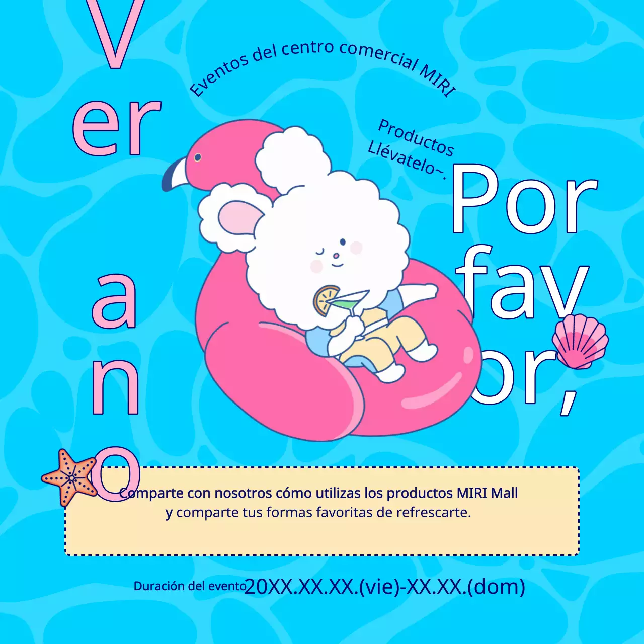 Promocione el evento de verano de su centro comercial en azul claro y rosa