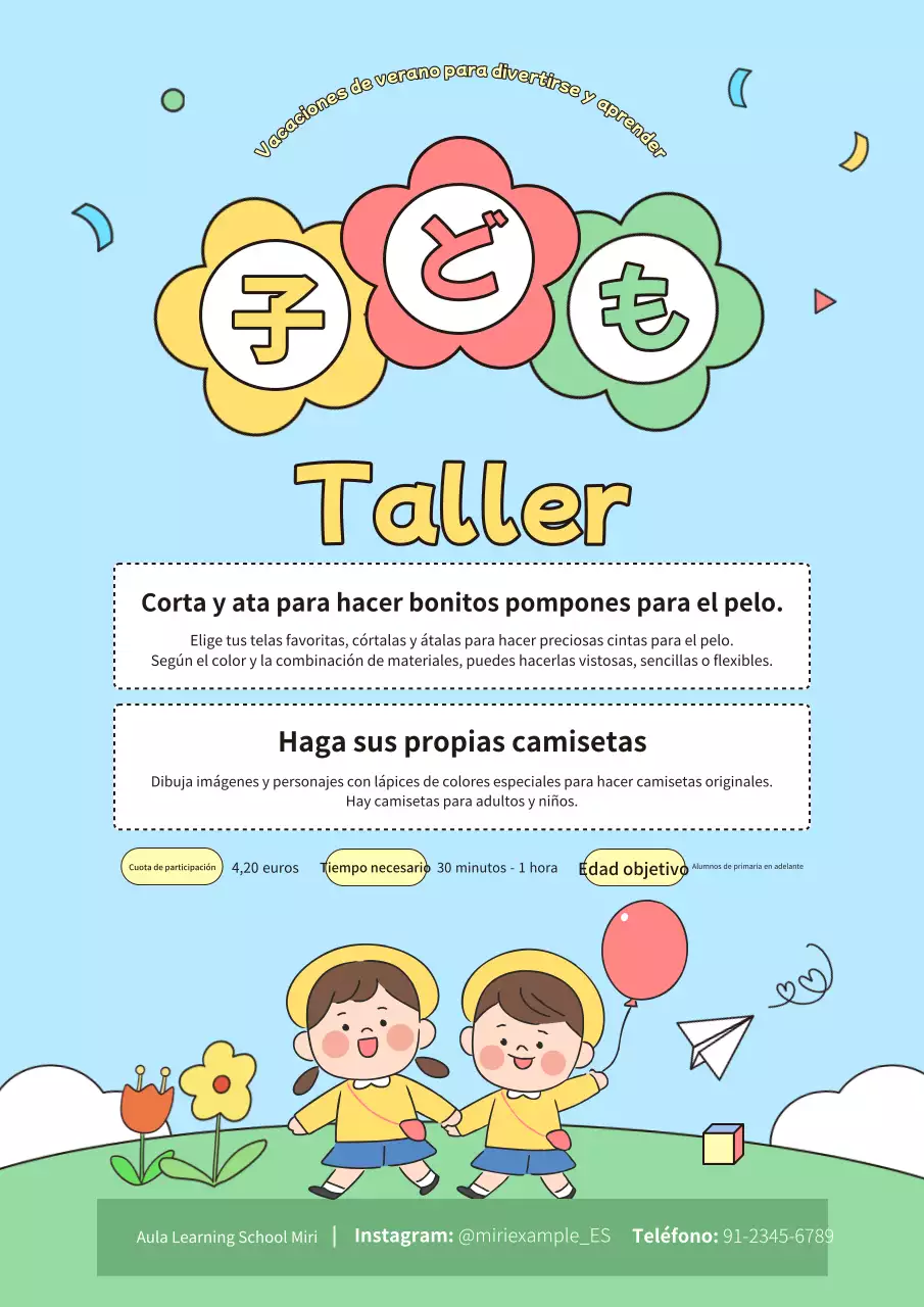 Anuncio de un bonito taller infantil amarillo y verde para las vacaciones de verano