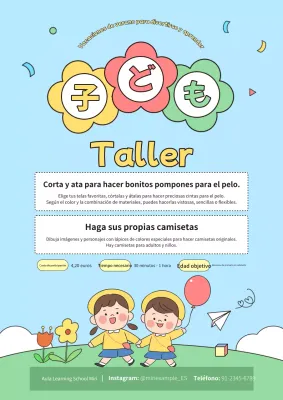 Anuncio de un bonito taller infantil amarillo y verde para las vacaciones de verano