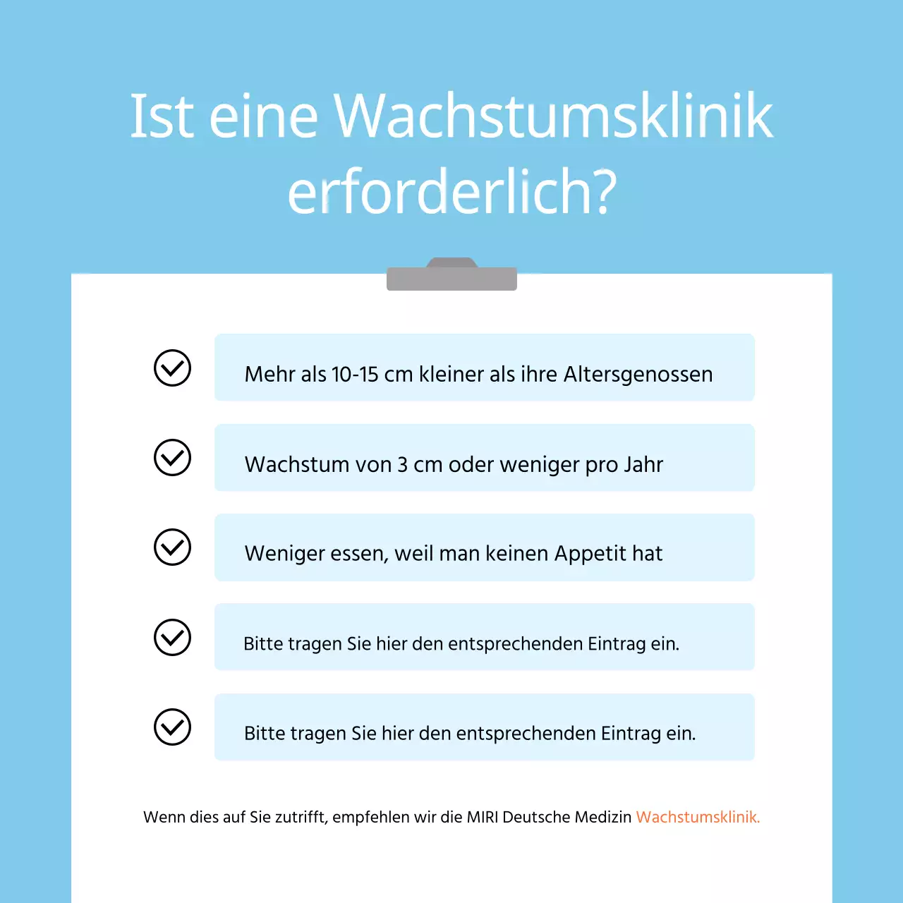 Werbung für eine einfache Klinik für Kinderwachstum nach chinesischer Medizin in Hellblau und Orange
