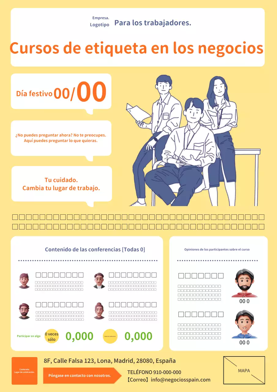 Un anuncio moderno y sencillo en amarillo y naranja para un curso de etiqueta empresarial.