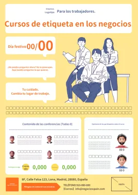 Un anuncio moderno y sencillo en amarillo y naranja para un curso de etiqueta empresarial.