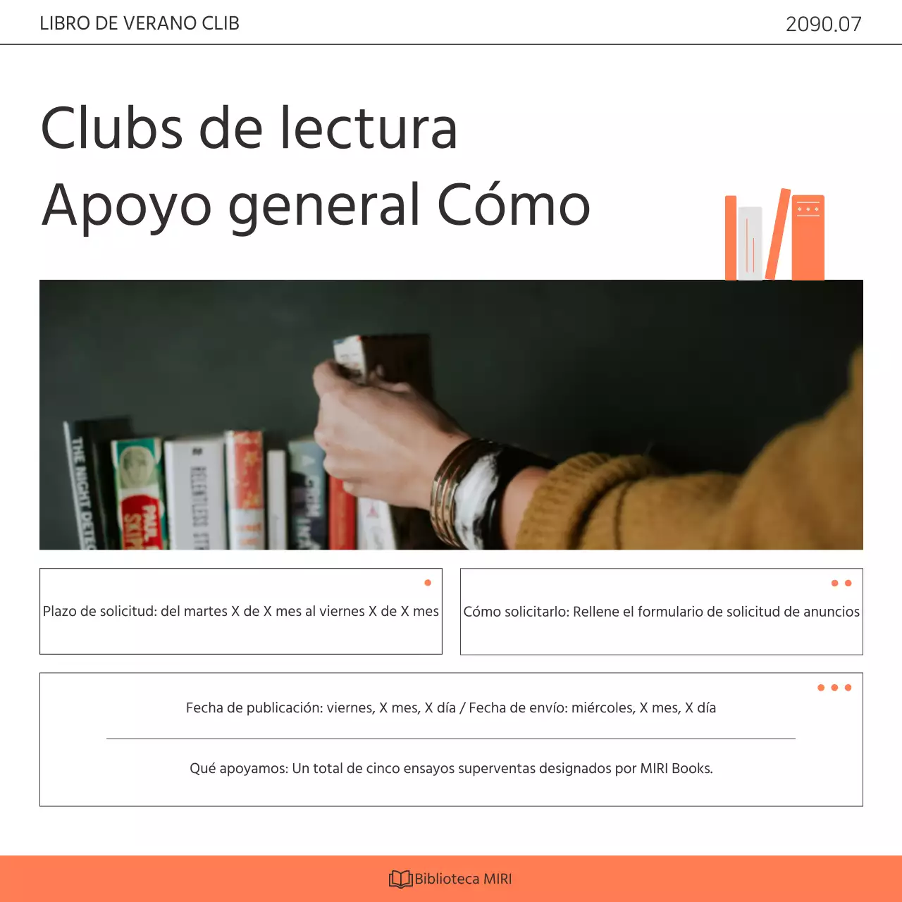 Promover un programa de divulgación del club de lectura de la biblioteca en naranja y blanco kitsch.