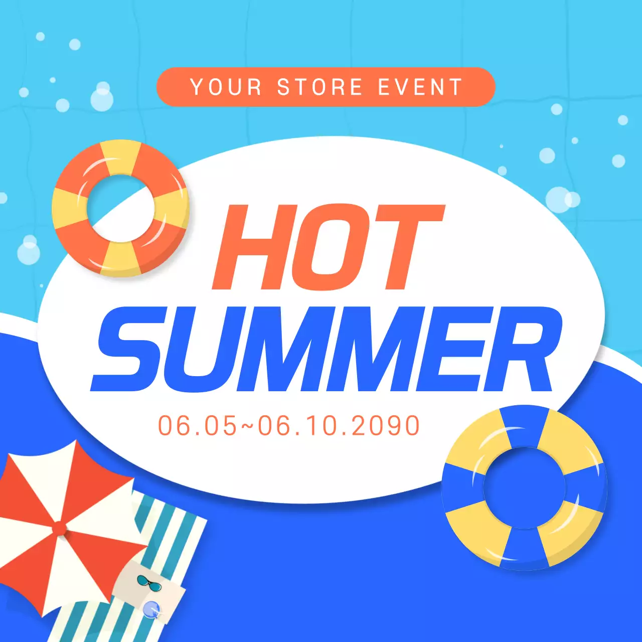 Summer event thumbnail post with blue and orange accents