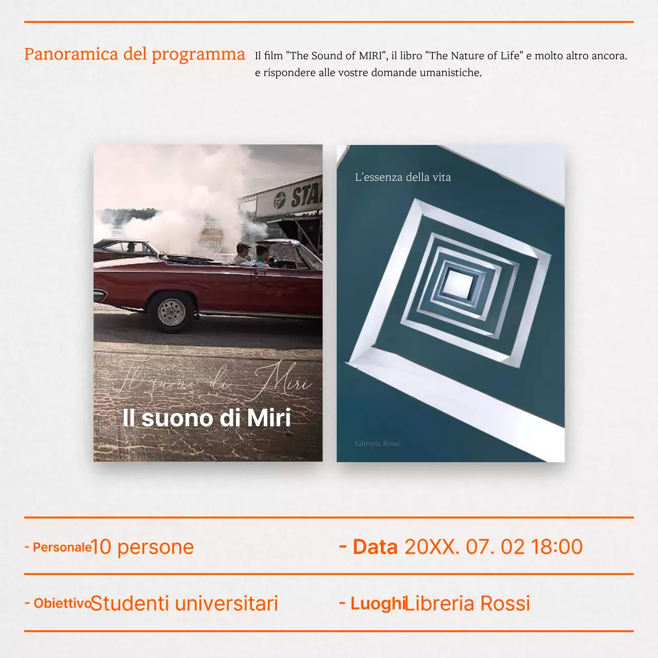 Un semplice annuncio arancione per una lezione di scienze umane per giovani.