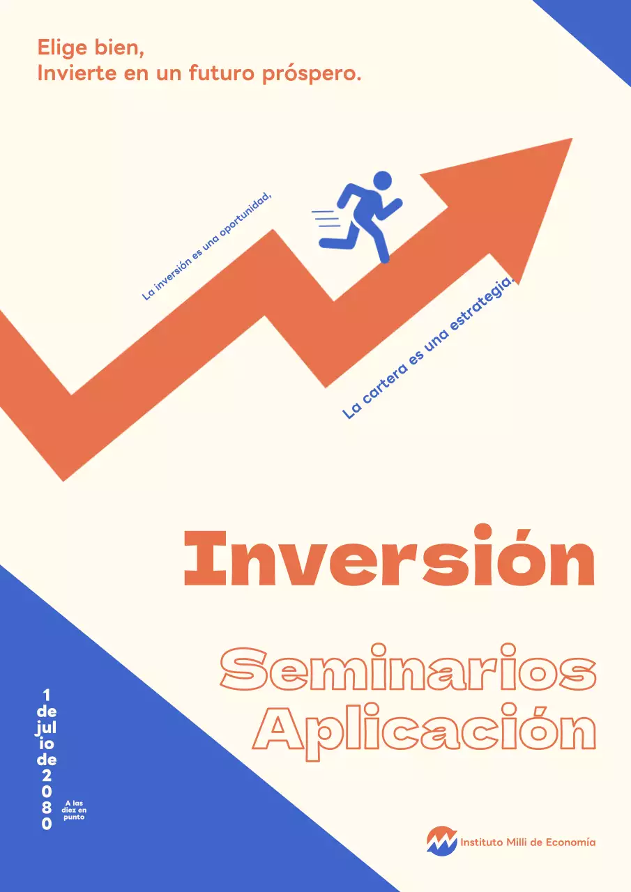 Folleto del seminario sobre la cartera de inversiones, en azul y naranja