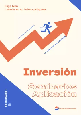 Folleto del seminario sobre la cartera de inversiones, en azul y naranja