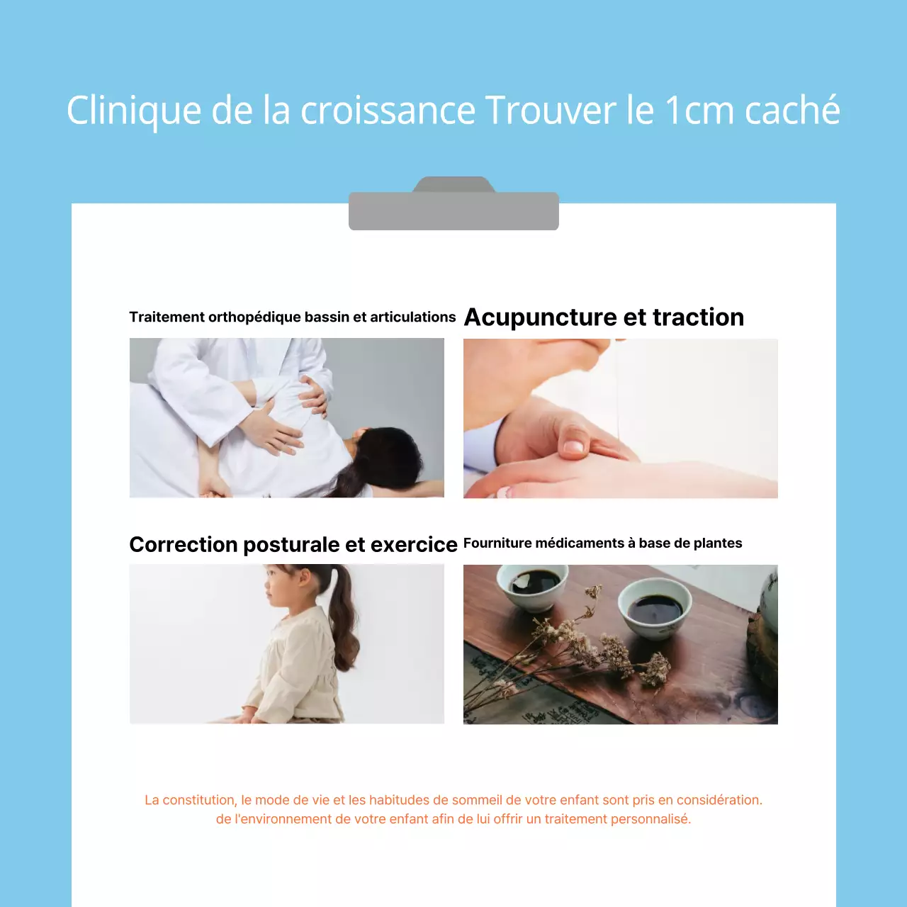 Promotion d'une clinique de médecine chinoise simple pour la croissance des enfants en bleu clair et orange