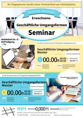 Grundlegende und moderne Seminaranzeige für Business-Knigge in Gelb und Hellblau