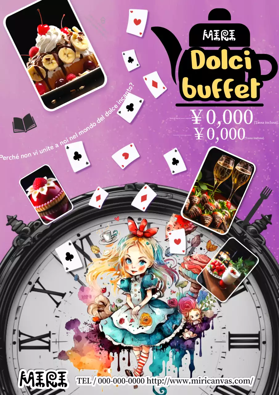 Una pubblicità a prezzi da buffet semplice e colorata con un'illustrazione di Alice nel Paese delle Meraviglie.