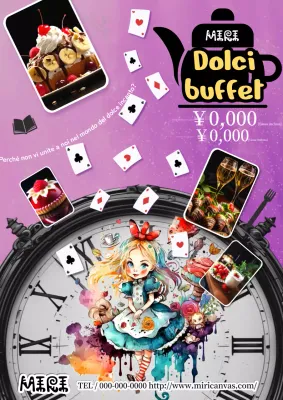 Una pubblicità a prezzi da buffet semplice e colorata con un'illustrazione di Alice nel Paese delle Meraviglie.