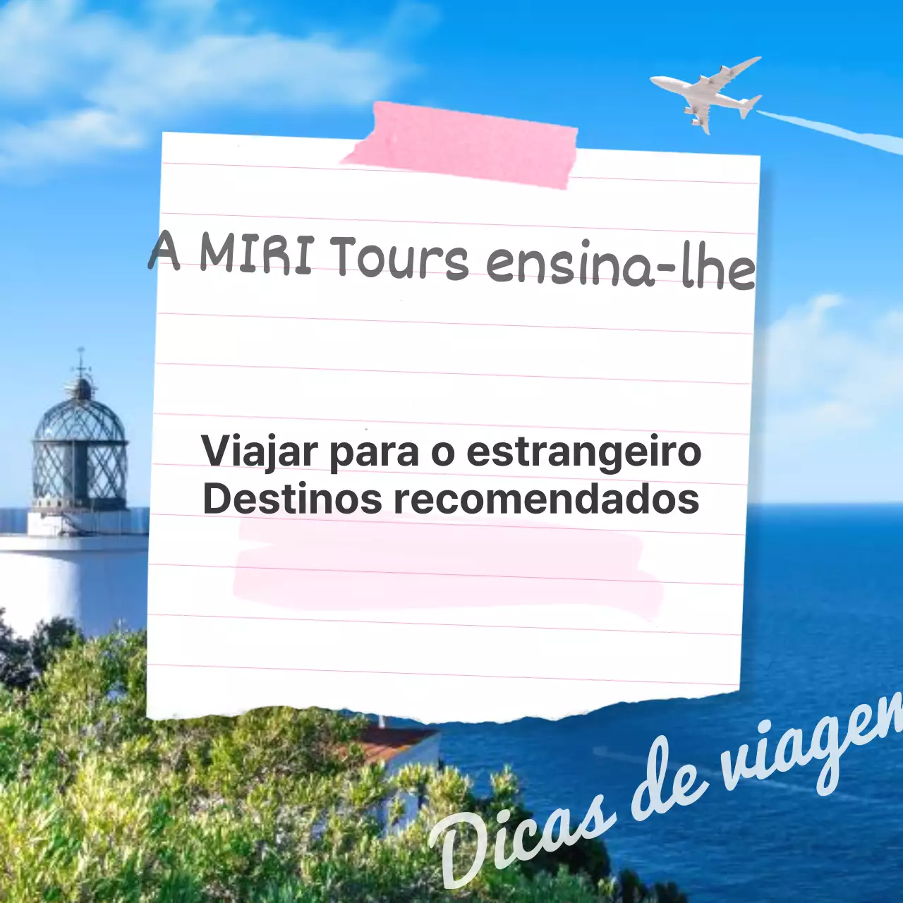 Um anúncio simples de destino de verão no estrangeiro em azul claro e cor-de-rosa